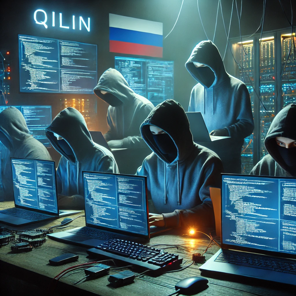 A group of cyber criminals in a dark room illuminated by computer screens. They are wearing hoodies and masks, working on multiple laptops and monitor